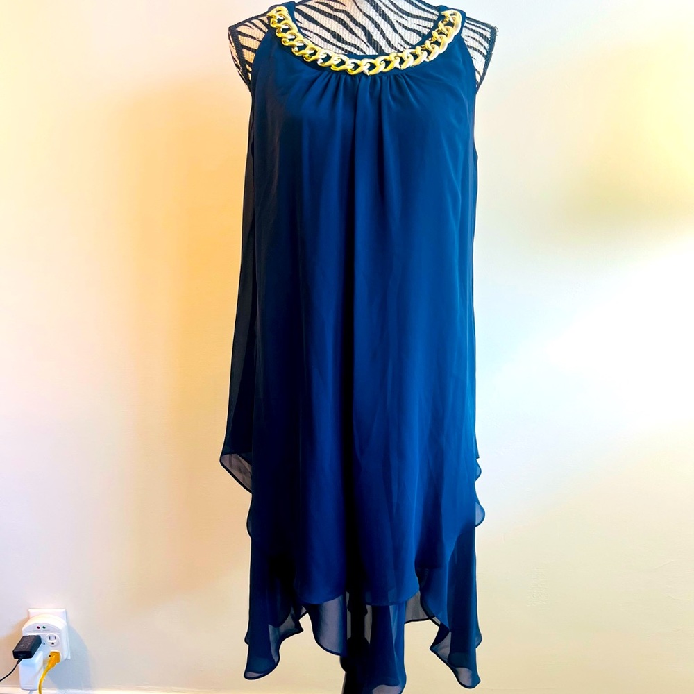 SLNY Navy Asymmetrical Dress with Gold Chain Accent